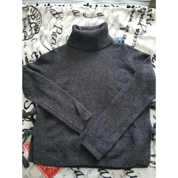 CYNTHIA ROWLEY Merino Wool Blend TurtleNeck Tie Sides Charcoal Sweater Top Sz XS - Picture 1 of 10